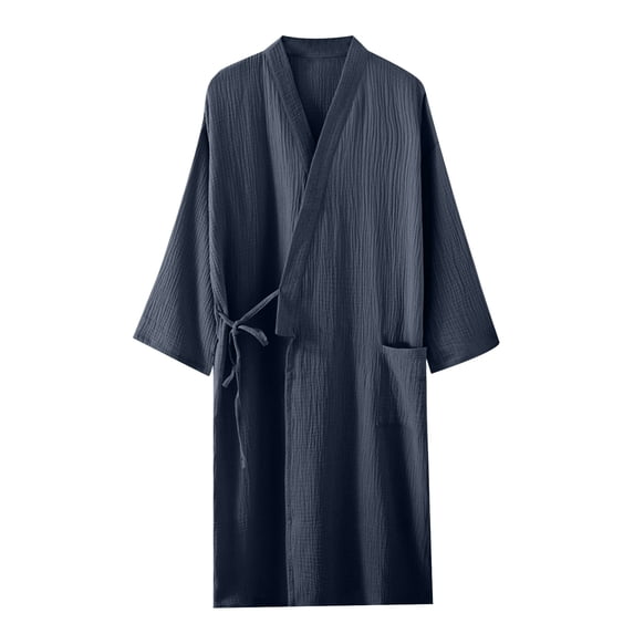 Risckoth Women's Cotton Gauze Robe Kimono Style Wrap V Neck Tie Closure Patch Pocket Wrinkled Texture Sleepwear L-2XL