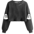 thumbnail image 1 of Risckoth Women's Cropped Halloween Sweatshirt Ghost Print Crew Neck Drop Shoulder Long Sleeve Casual Pullover S-2XL, 1 of 2