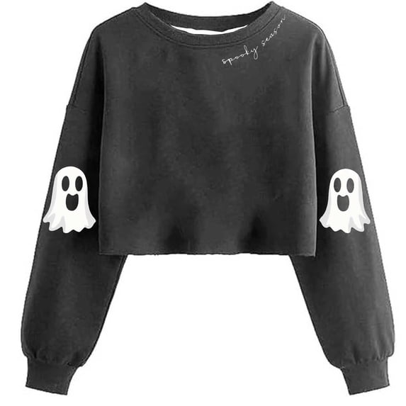 Risckoth Women's Cropped Halloween Sweatshirt Ghost Print Crew Neck Drop Shoulder Long Sleeve Casual Pullover S-2XL