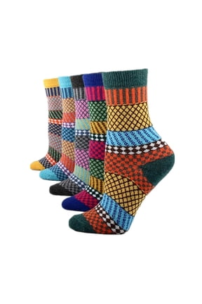 Women's Ethnic Socks 5 Pack Geometric Diamond Jacquard Pattern Chunky Knit Mid Calf Socks