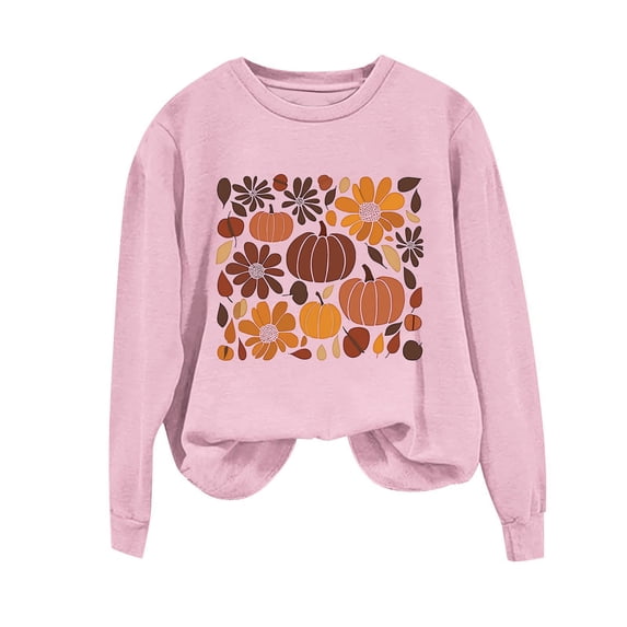 Risckoth Women's Fall Sweatshirt Pumpkin Floral Graphic Crewneck Regular Sleeve Curved Hem Casual Pullover S-2XL, Pink