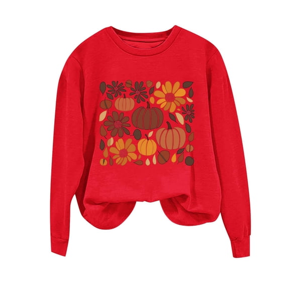 Risckoth Women's Fall Sweatshirt Pumpkin Floral Graphic Crewneck Regular Sleeve Curved Hem Casual Pullover S-2XL, Red