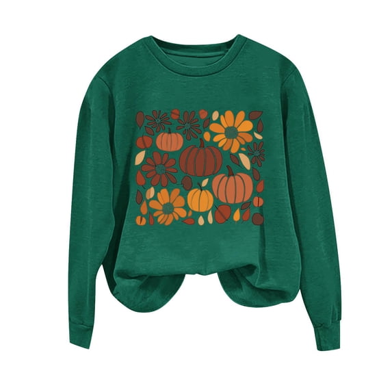 Risckoth Women's Fall Sweatshirt Pumpkin Floral Graphic Crewneck Regular Sleeve Curved Hem Casual Pullover S-2XL