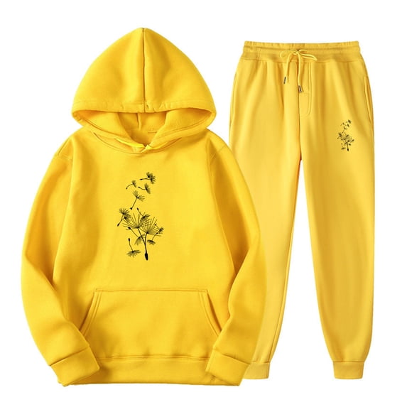 Risckoth Women's Fall Winter Two-Piece Outfit, Botanical Floral Print Hoodie With Kangaroo Pocket Drawstring Jogger Tracksuit S-3XL, Yellow