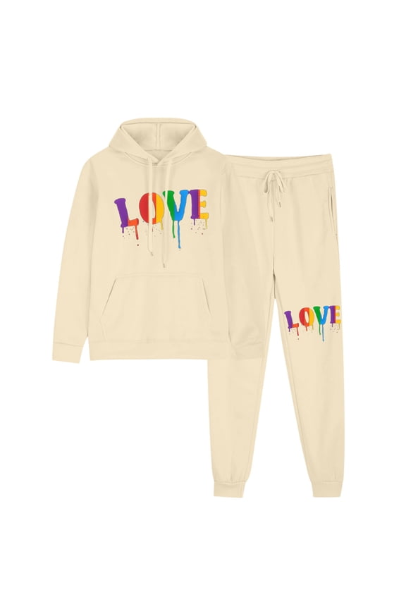 Women's Fall Winter Two-Piece Outfit, Rainbow Drip LOVE Letter Print Hoodie With Kangaroo Pocket Drawstring Jogger Tracksuit S-3XL