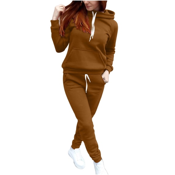 Risckoth Women's Fall Winter Two-Piece Outfit, Solid Raglan Sleeve Hoodie Kangaroo Pocket Drawstring Jogger Tracksuit S-2XL, Coffee