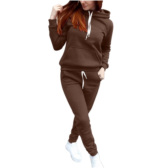 Risckoth Women's Fall Winter Two-Piece Outfit, Solid Raglan Sleeve Hoodie Kangaroo Pocket Drawstring Jogger Tracksuit S-2XL