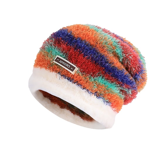 Risckoth Women's Fluffy Beanie Gradient Stripe Pattern Decorative Label Winter Warm Knit Hat, Multicolor