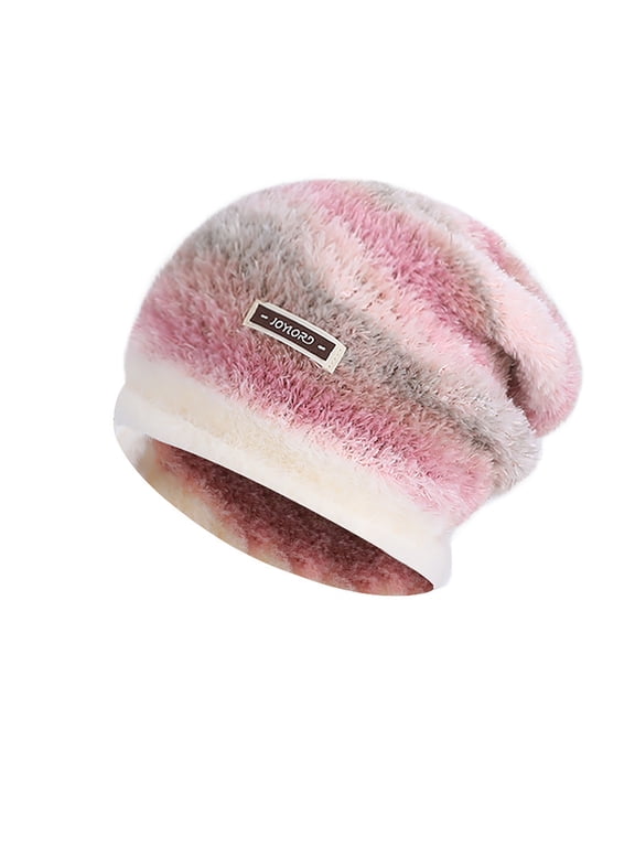 Women's Fluffy Beanie Gradient Stripe Pattern Decorative Label Winter Warm Knit Hat, Pink