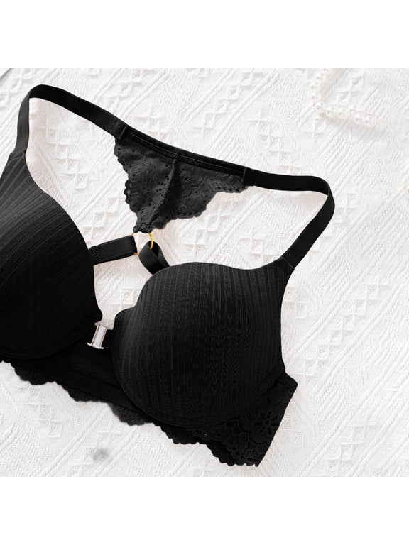 Women's Front Clip Halter Bra, Ribbed Wireless Side Support Breathable Fixed Strap Daily Lingerie, Black