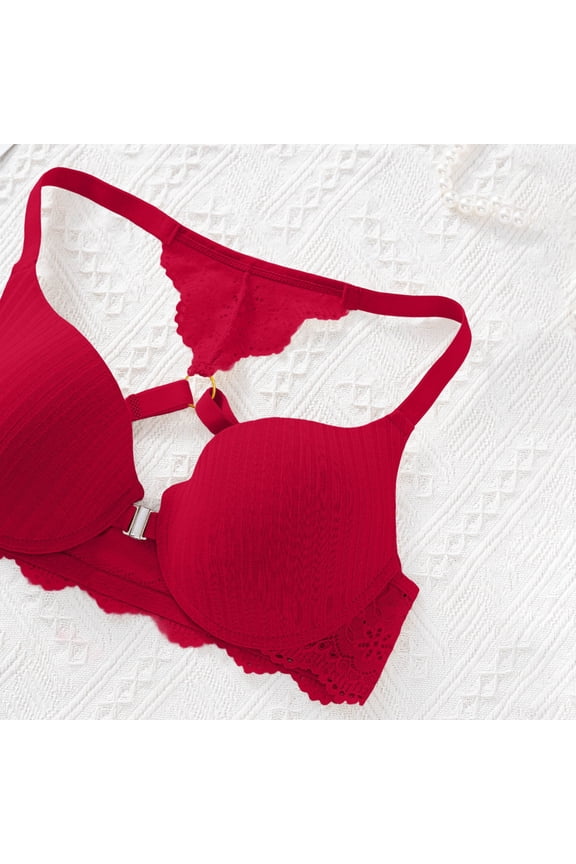 Women's Front Clip Halter Bra, Ribbed Wireless Side Support Breathable Fixed Strap Daily Lingerie, Red