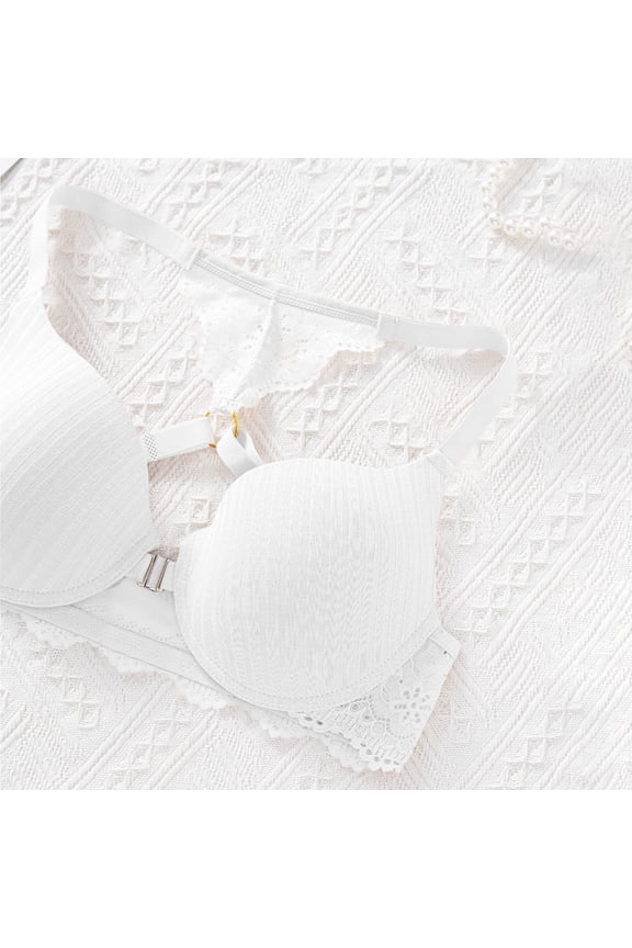 Women's Front Clip Halter Bra, Ribbed Wireless Side Support Breathable Fixed Strap Daily Lingerie, White