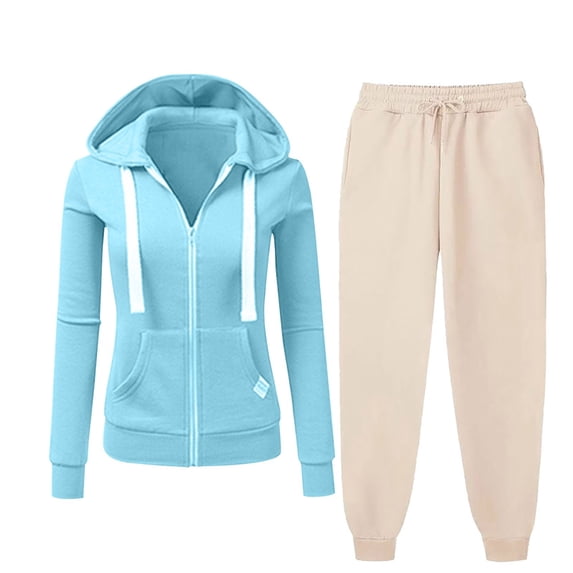 Risckoth Women's Full Zip Hooded Two-Piece Tracksuit, Drawstring Slim Fit Jacket Cuffed Jogger Pants S-3XL, Blue