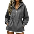 thumbnail image 1 of Risckoth Women's Full Zip Hoodie Drawstring Waist Cinched Design Fleece Lined Side Pockets Casual Pullover S-2XL, Dark Gray, 1 of 7