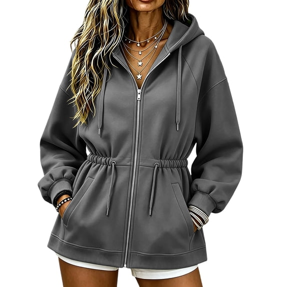Risckoth Women's Full Zip Hoodie Drawstring Waist Cinched Design Fleece Lined Side Pockets Casual Pullover S-2XL, Dark Gray