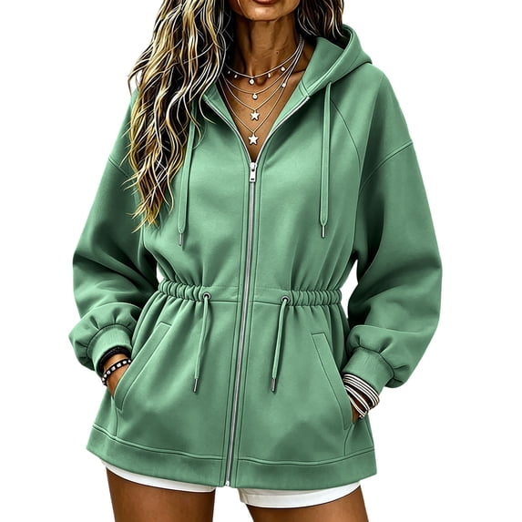 Risckoth Women's Full Zip Hoodie Drawstring Waist Cinched Design Fleece Lined Side Pockets Casual Pullover S-2XL, Green