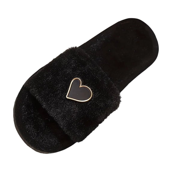 Risckoth Women's Fuzzy Slippers Heart Charm Detail Open Toe Plush Lined Indoor Slides, Black