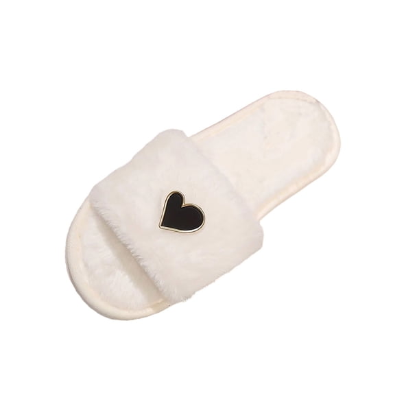 Risckoth Women's Fuzzy Slippers Heart Charm Detail Open Toe Plush Lined Indoor Slides
