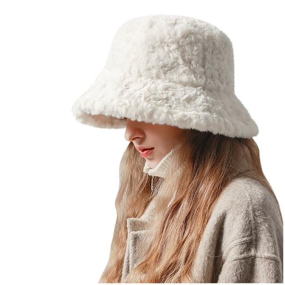 Risckoth Women's Fuzzy Winter Bucket Hat Plush Fabric Warm Outdoor Cap, White
