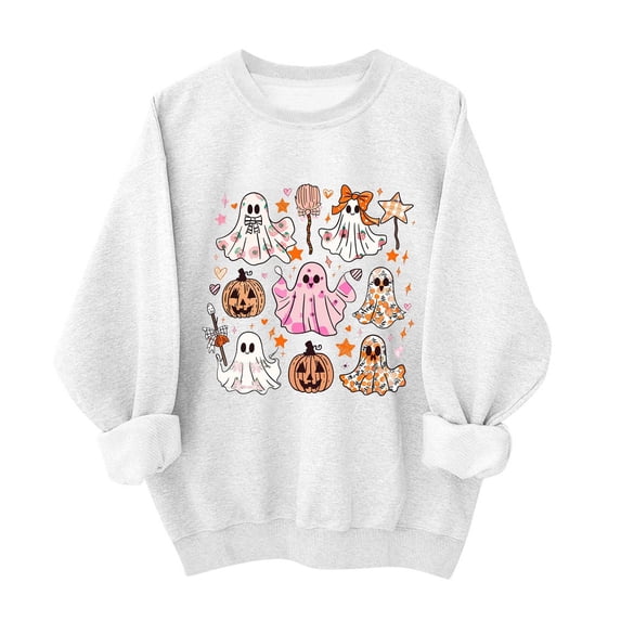Risckoth Women's Halloween Sweatshirt Cute Character Grid Print Crew Neck Cuffed Sleeve Hoodless Pullover XS-XL