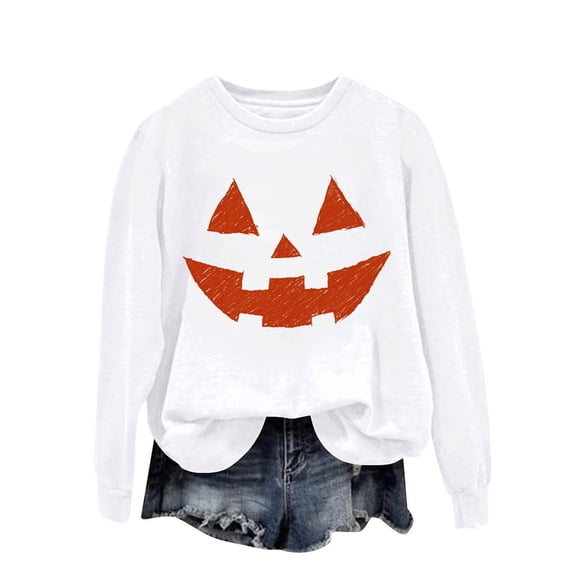 Risckoth Women's Halloween Sweatshirt Jack O Lantern Print Crew Neck Drop Shoulder Hoodless Casual Pullover S-2XL