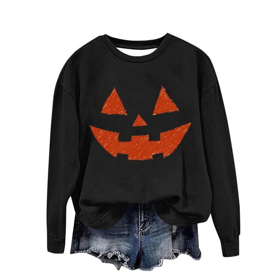 Risckoth Women's Halloween Sweatshirt Jack O Lantern Print Crew Neck Drop Shoulder Hoodless Casual Pullover S-2XL