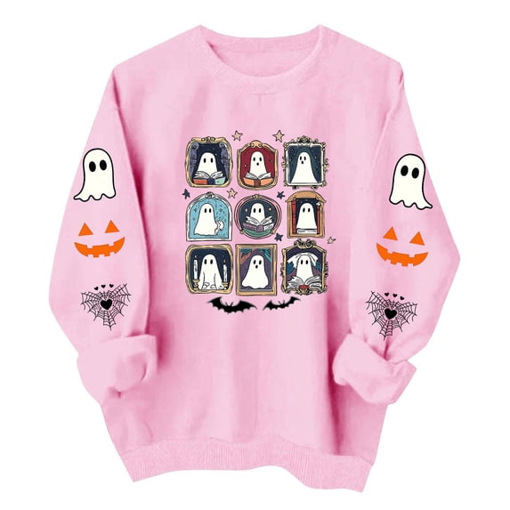 Risckoth Women's Halloween Sweatshirt Nine Ghost Grid Print Sleeve Detail Crew Neck Drop Shoulder Hoodless Casual Pullover S-2XL