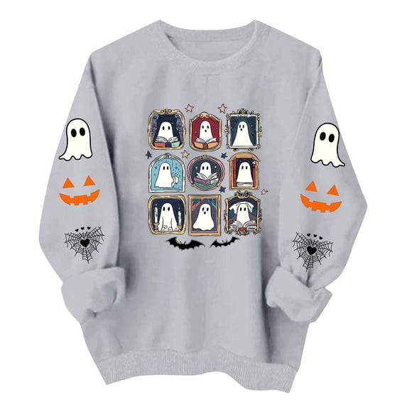Risckoth Women's Halloween Sweatshirt Nine Ghost Grid Print Sleeve Detail Crew Neck Drop Shoulder Hoodless Casual Pullover S-2XL