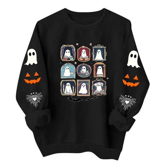 Risckoth Women's Halloween Sweatshirt Nine Ghost Grid Print Sleeve Detail Crew Neck Drop Shoulder Hoodless Casual Pullover S-2XL
