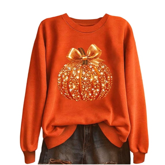Risckoth Women's Halloween Sweatshirt Sparkly Pumpkin Print Bow Detail Crew Neck Drop Shoulder Hoodless Pullover