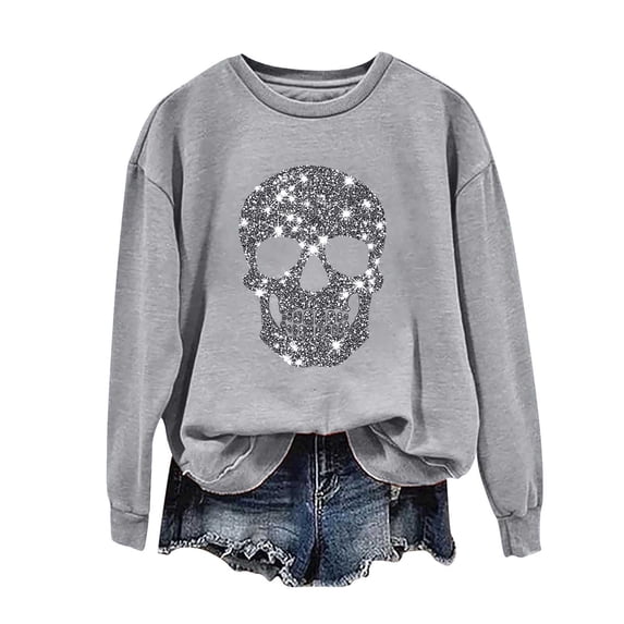 Risckoth Women's Halloween Sweatshirt Sparkly Skull Graphic Crew Neck Drop Shoulder Hoodless Casual Pullover XS-XL