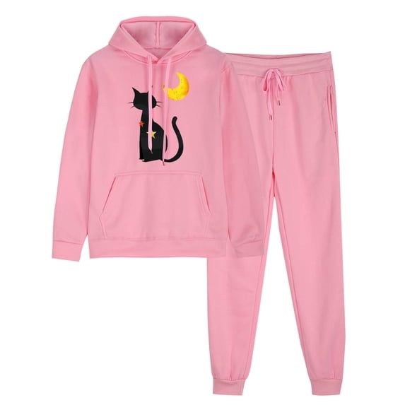 Risckoth Women's Halloween Two-Piece Sweat Outfit, Crescent Moon Black Cat Star Graphic Pullover Hoodie Cuffed Jogger Pants S-2XL, Pink