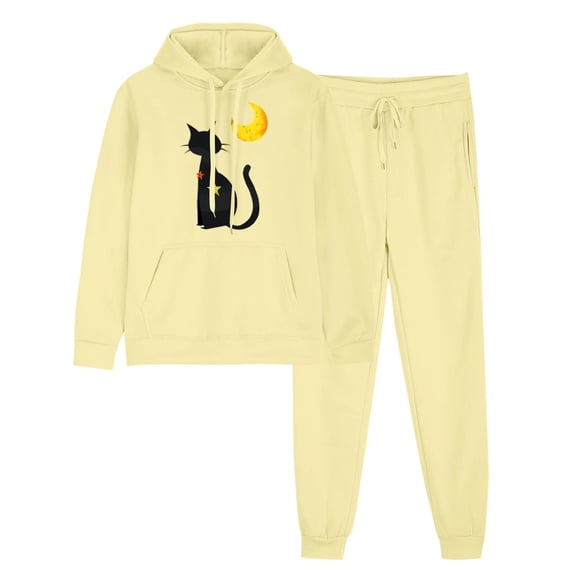 Risckoth Women's Halloween Two-Piece Sweat Outfit, Crescent Moon Black Cat Star Graphic Pullover Hoodie Cuffed Jogger Pants S-2XL, Yellow