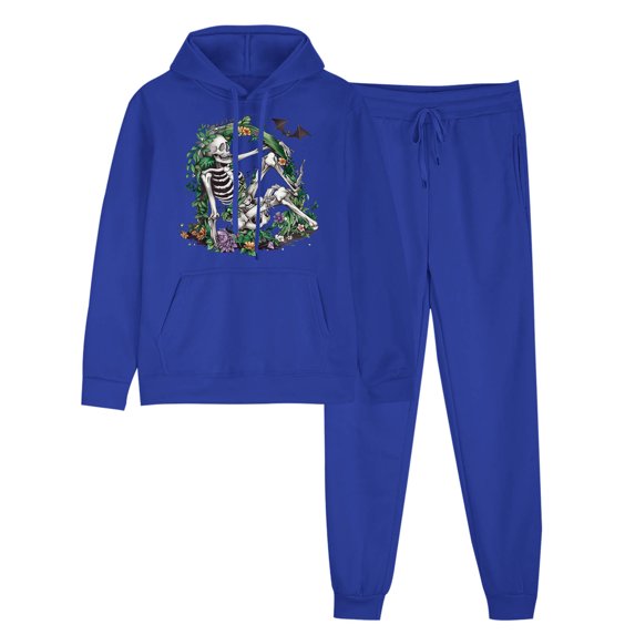 Risckoth Women's Halloween Two-Piece Sweat Outfit, Floral Skeleton Bat Graphic Pullover Hoodie Cuffed Jogger Pants S-2XL, Blue