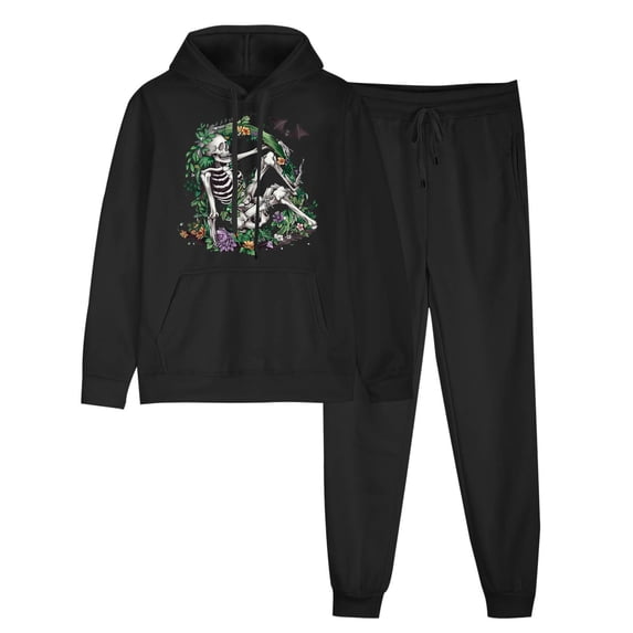 Risckoth Women's Halloween Two-Piece Sweat Outfit, Floral Skeleton Bat Graphic Pullover Hoodie Cuffed Jogger Pants S-2XL