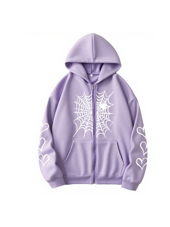 Women's Halloween Zip Up Hoodie Spider Web Print Sleeve Heart Design Kangaroo Pocket Casual Jacket S-3XL