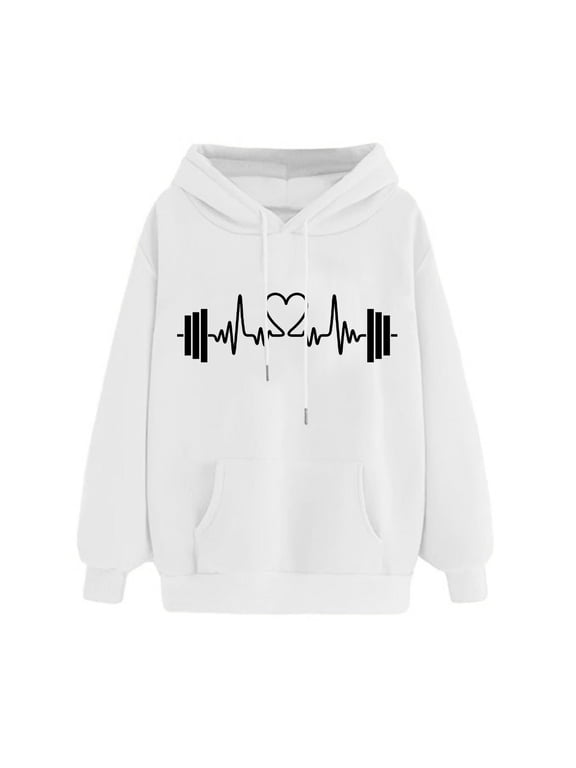 Women's Heartbeat Barbell Print Hoodie, Long Sleeve Casual Pullover with Kangaroo Pocket S-3XL, White