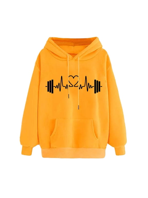 Women's Heartbeat Barbell Print Hoodie, Long Sleeve Casual Pullover with Kangaroo Pocket S-3XL