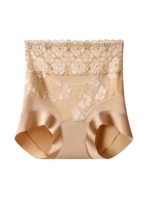 Women's High Waist Floral Lace Briefs, Wide Scalloped Waist Stretch Tummy Hip Lift Shaping Safety Underpants L-3XL, Khaki