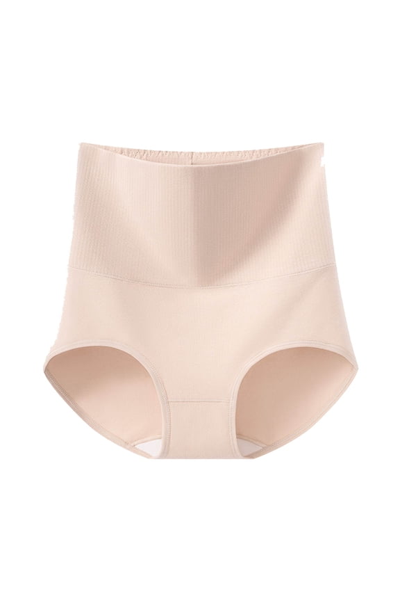 Women's High Waist Ribbed Briefs, Tummy Control Soft Stretch Breathable Underpants M-2XL, Beige
