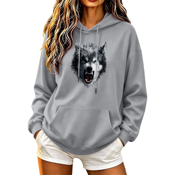 Risckoth Women's Hoodie Wolf Head Print Drawstring Kangaroo Pocket Casual Pullover S-2XL