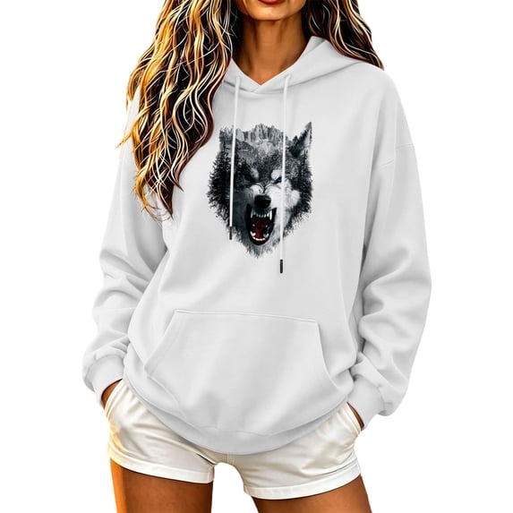 Risckoth Women's Hoodie Wolf Head Print Drawstring Kangaroo Pocket Casual Pullover S-2XL