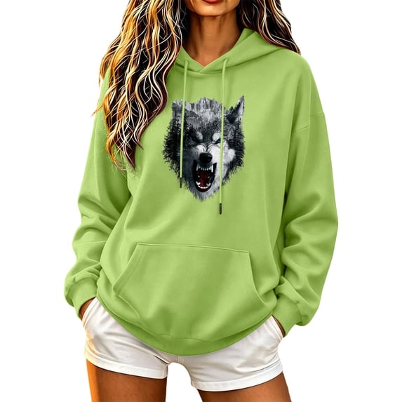 Risckoth Women's Hoodie Wolf Head Print Drawstring Kangaroo Pocket Casual Pullover S-2XL