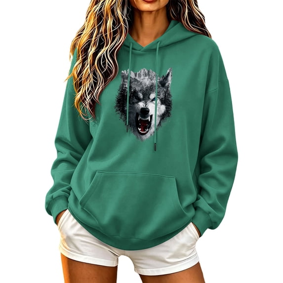Risckoth Women's Hoodie Wolf Head Print Drawstring Kangaroo Pocket Casual Pullover S-2XL