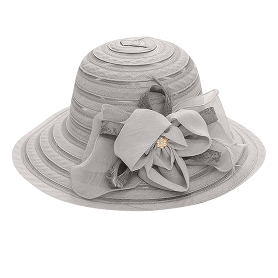 Risckoth Women's Organza Hat Wide Brim 3D Flower Detail Layered Design Formal Tea Party Wedding Cap, Gray