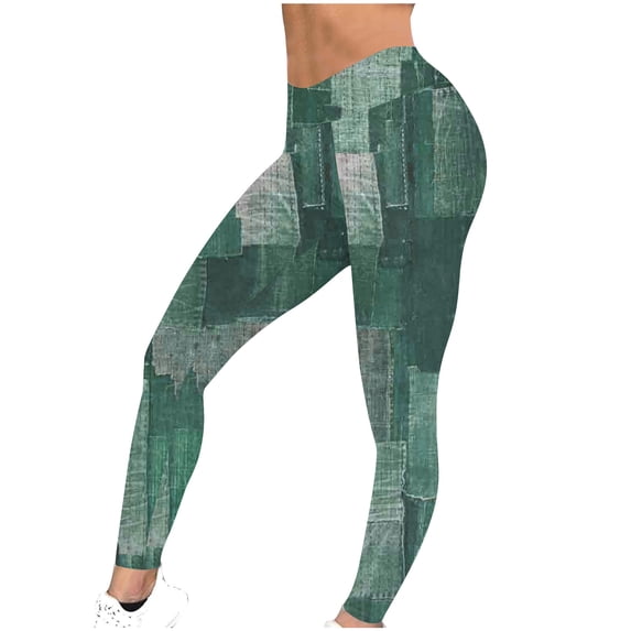 Risckoth Women's Patchwork Denim Print Leggings High Waist Stretch Yoga Pants S-2XL