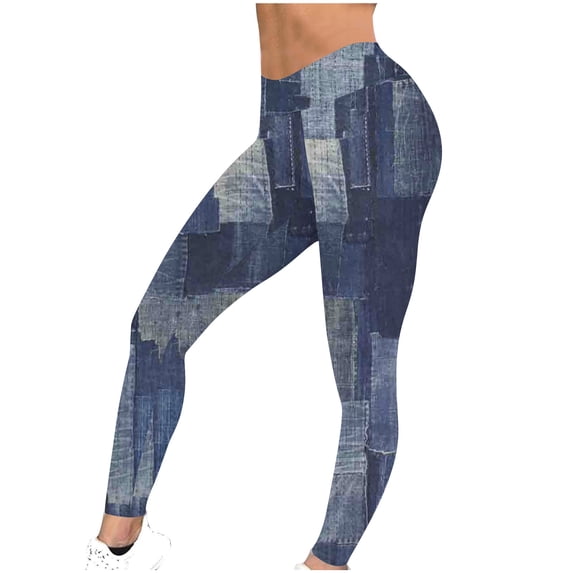 Risckoth Women's Patchwork Denim Print Leggings High Waist Stretch Yoga Pants S-2XL
