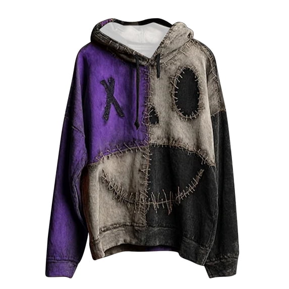 Risckoth Women's Plus Halloween Stitched Face Print Hoodie, Color Block Long Sleeve Pullover with Kangaroo Pocket S-5XL, Purple