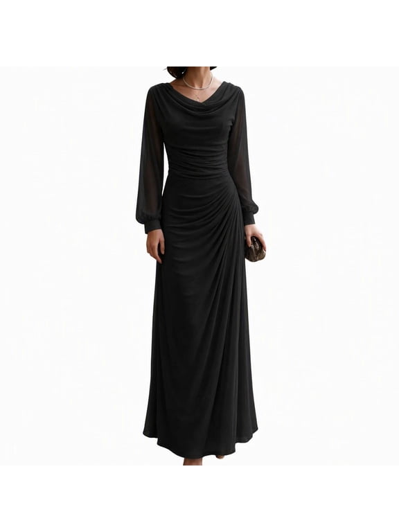 Women's Plus Size Cowl Neck Ruched Maxi Dress Long Sleeve Draped Slim Fit Solid Formal Evening Elegant Dress S-2XL