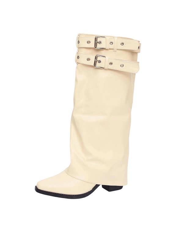 Women's Plus Size Double Buckle Strap Thick Sole Mid Calf Boots Mid Heel Comfortable Versatile Fashion Boots